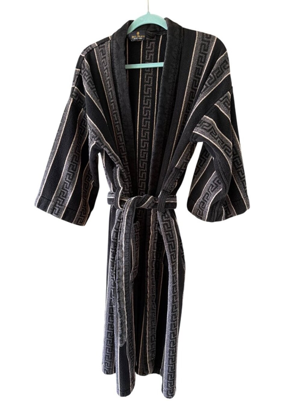 Bill Blass Mens Greek Key Border Pockets Wrap-style Robe One Size Terry Cloth
